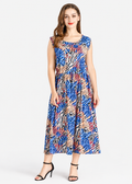 Women's Blue Printed Sleeveless Maxi Dress