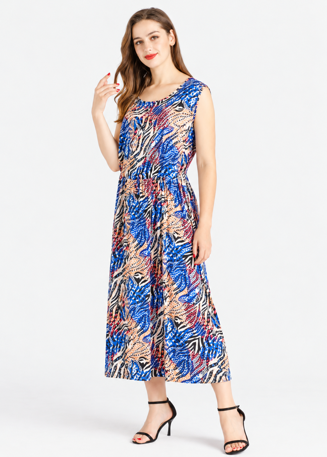 Women's Blue Printed Sleeveless Maxi Dress