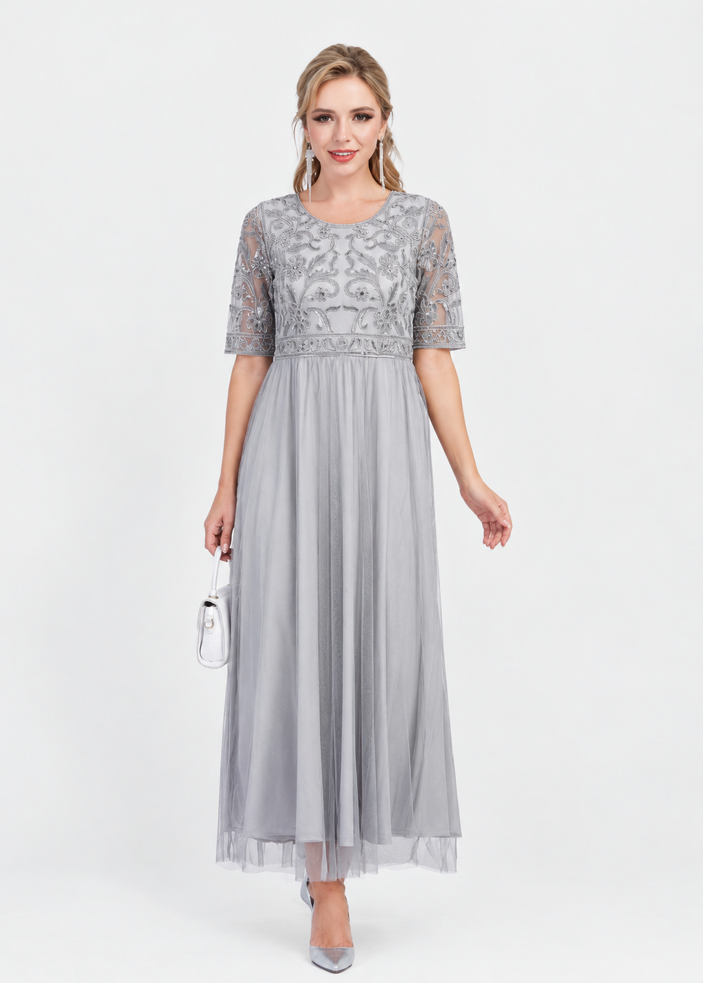Women's Gray Floral Embroidered Lace Mesh Maxi Dress