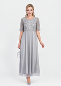 Women's Gray Floral Embroidered Lace Mesh Maxi Dress