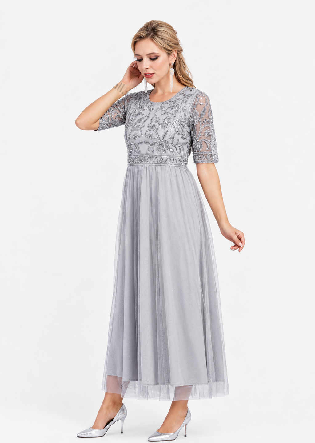 Women's Gray Floral Embroidered Lace Mesh Maxi Dress