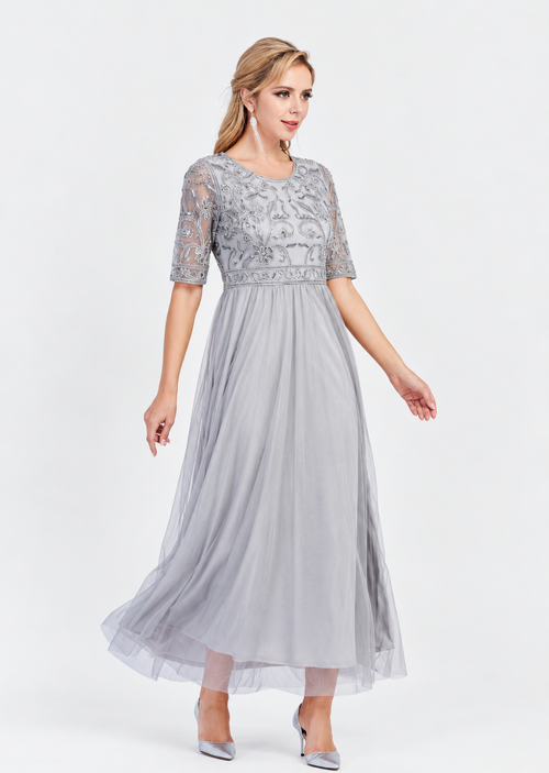 Women's Gray Floral Embroidered Lace Mesh Maxi Dress