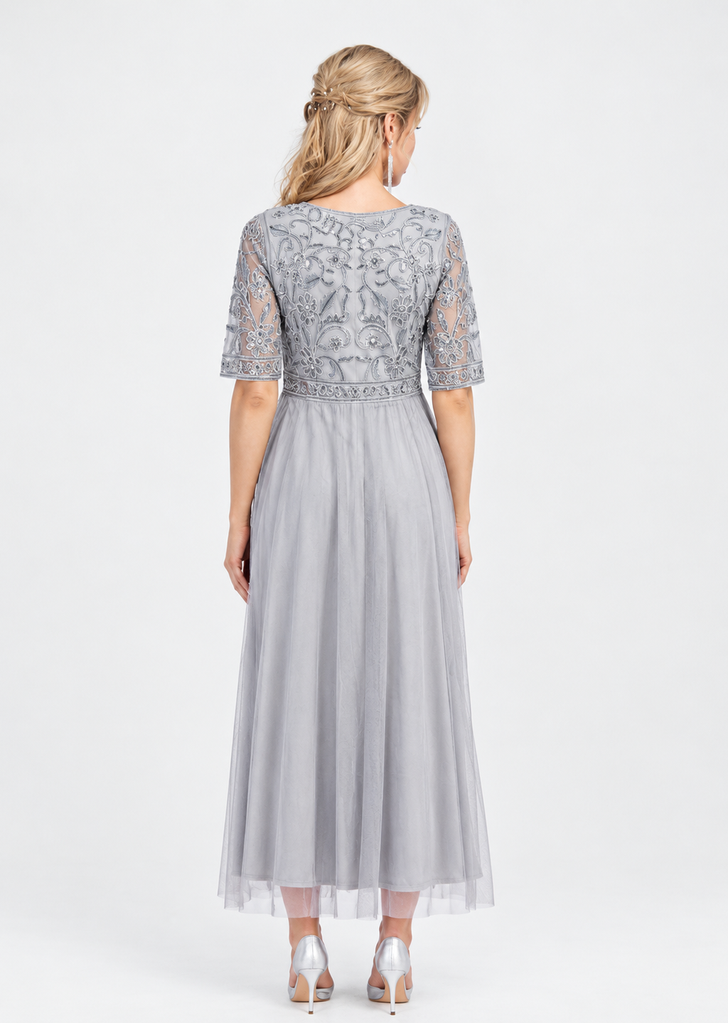 Women's Gray Floral Embroidered Lace Mesh Maxi Dress