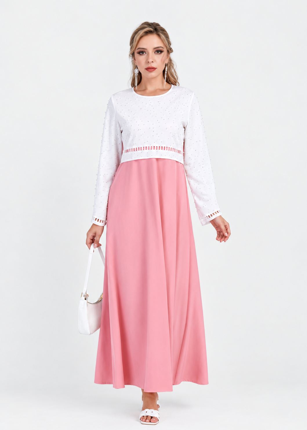 Women's Pink Hollow Out Beaded A-Line Maxi Dress