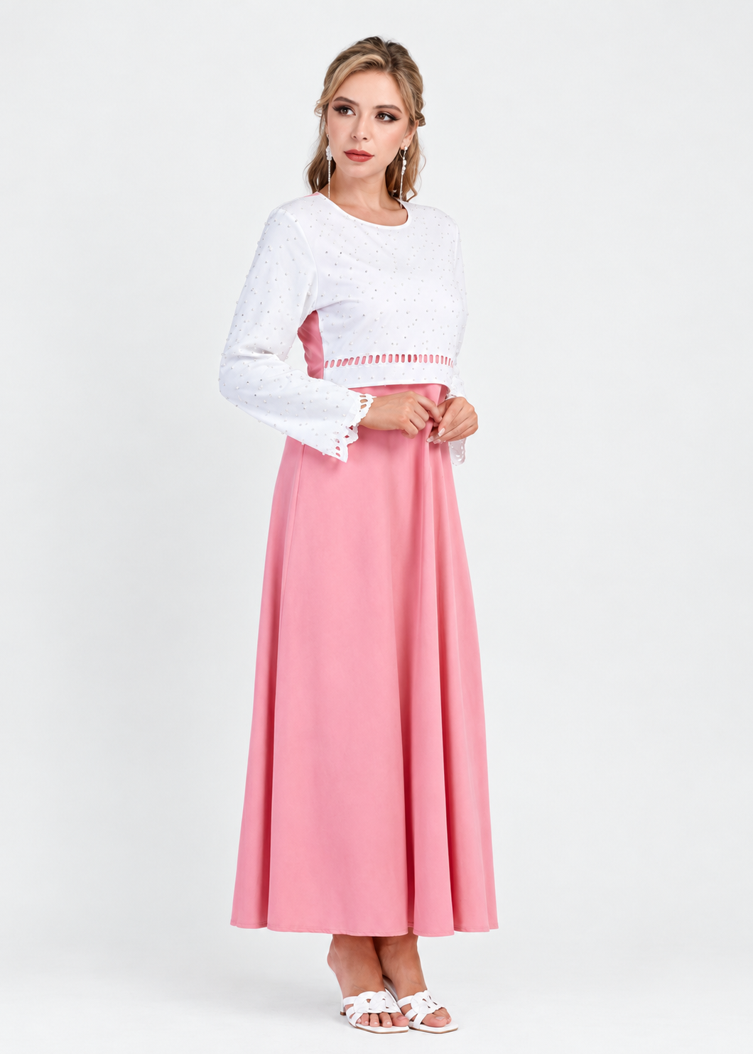 Women's Pink Hollow Out Beaded A-Line Maxi Dress