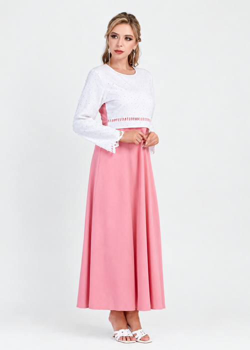 Women's Pink Hollow Out Beaded A-Line Maxi Dress