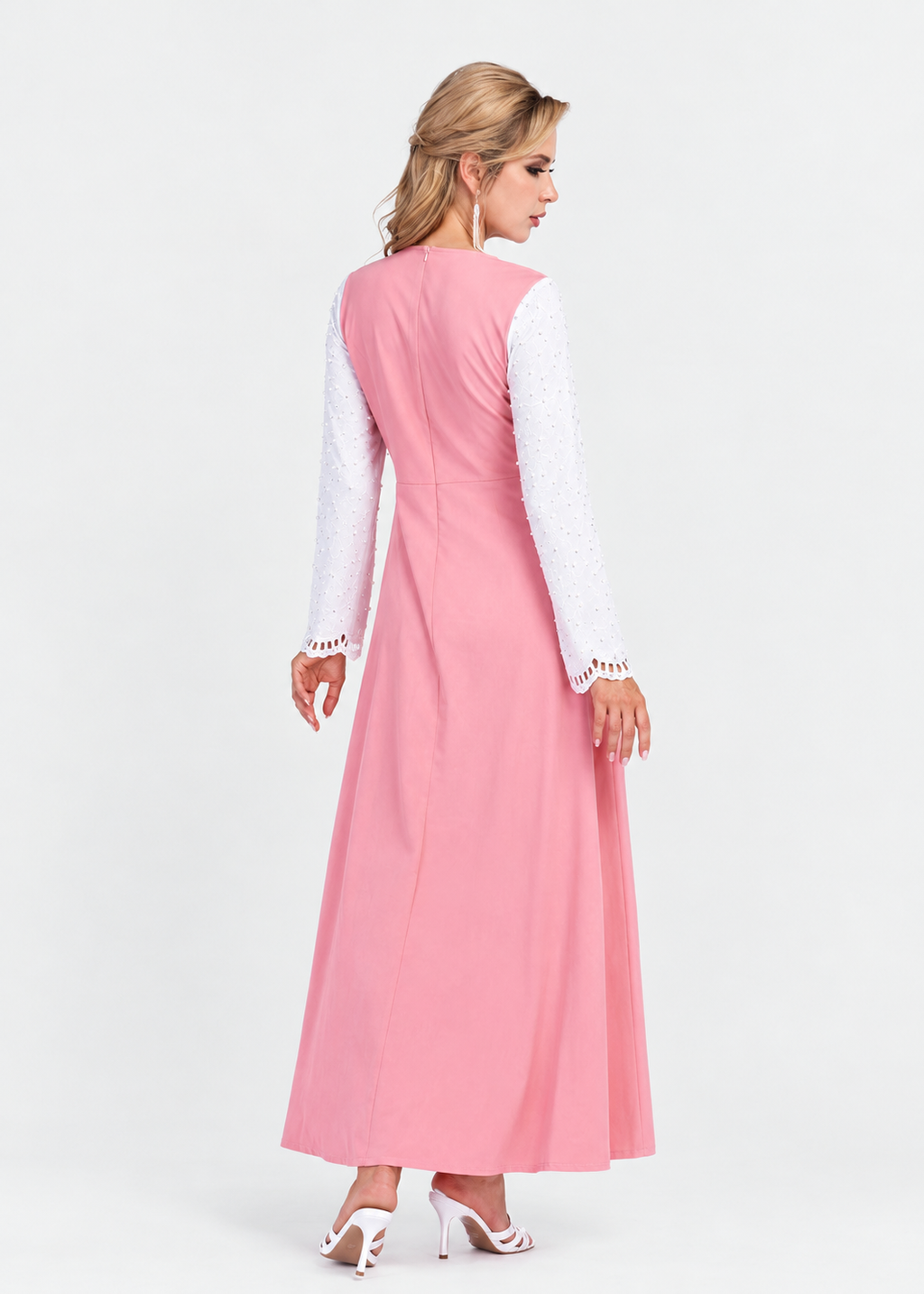 Women's Pink Hollow Out Beaded A-Line Maxi Dress