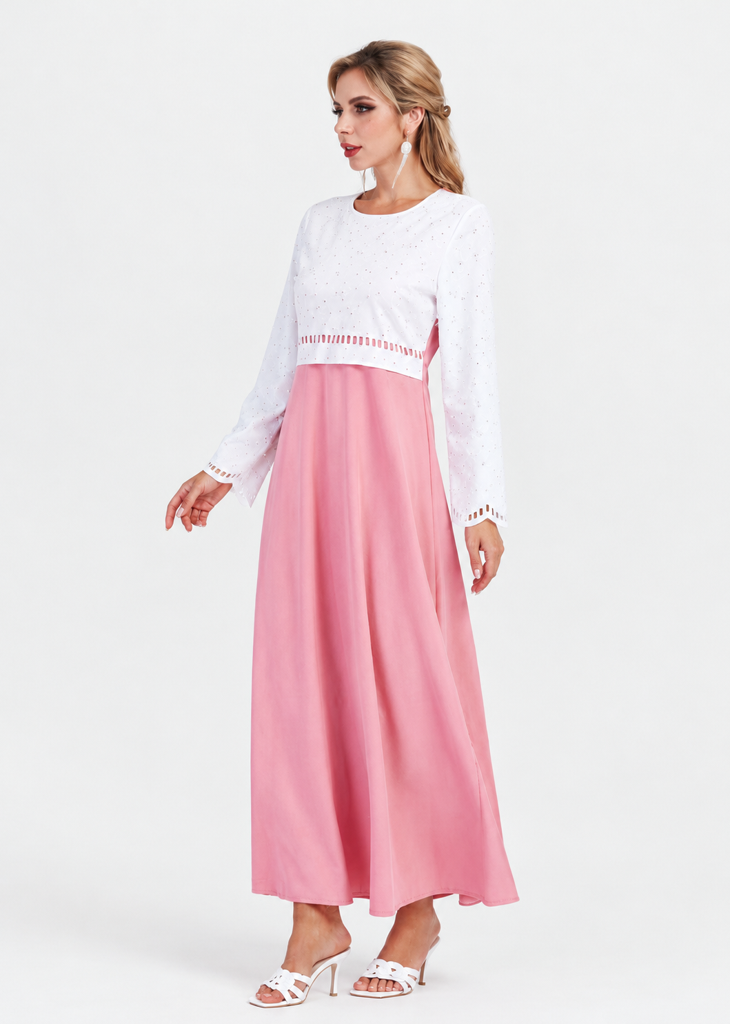 Women's Pink Hollow Out Beaded A-Line Maxi Dress