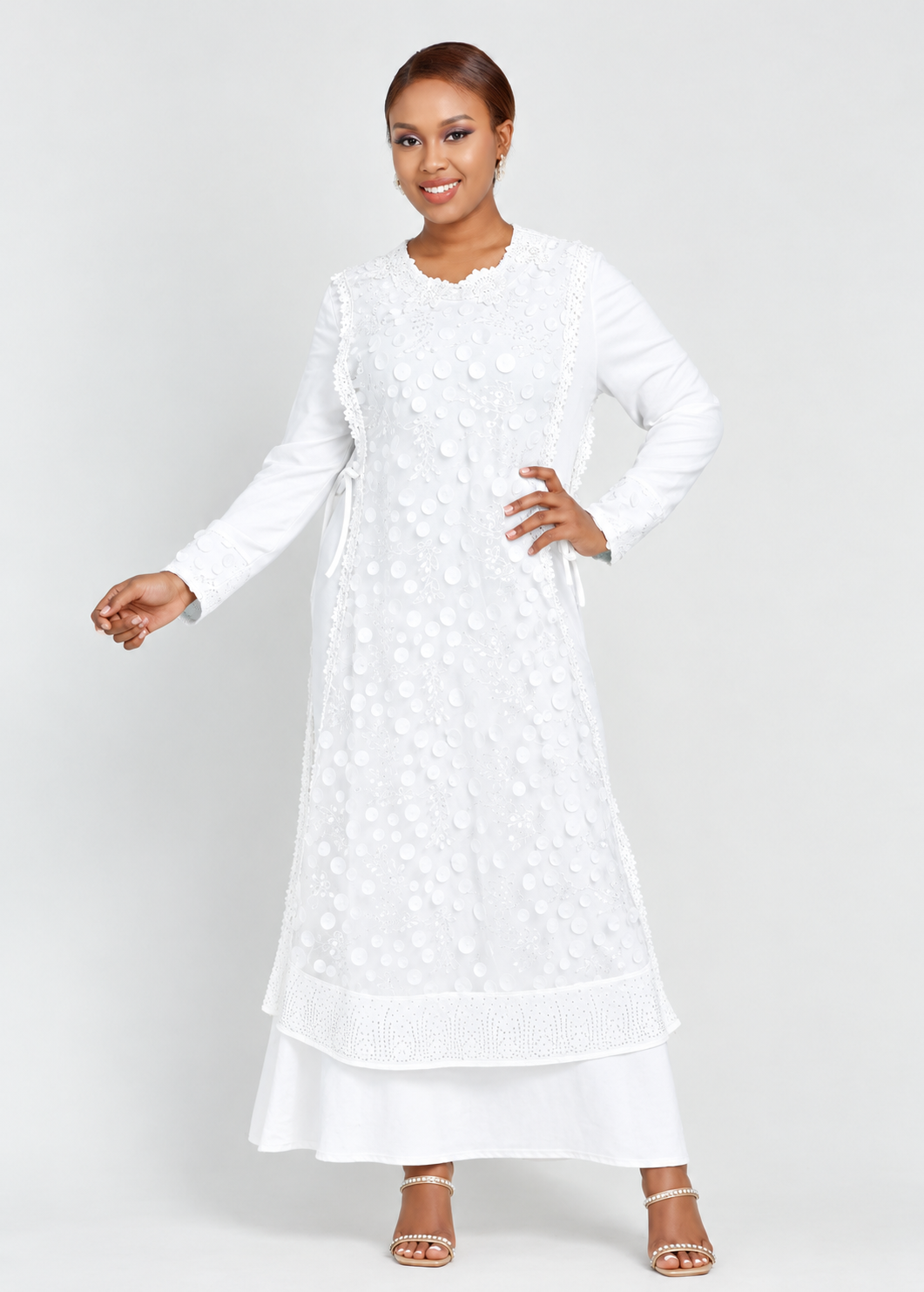 Women's White Layered Maxi Dress with Applique Details & Side Drawstring