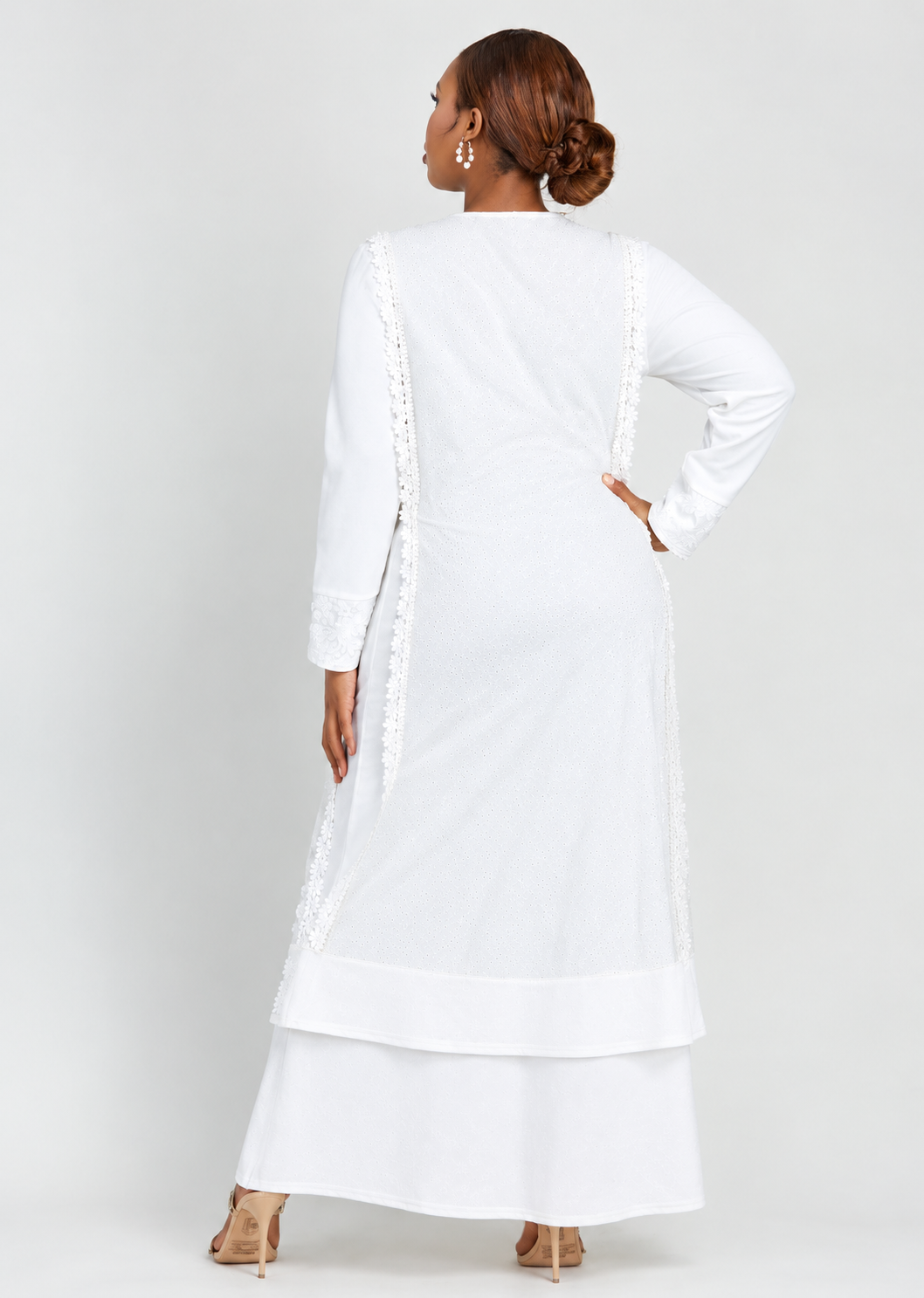 Women's White Layered Maxi Dress with Applique Details & Side Drawstring