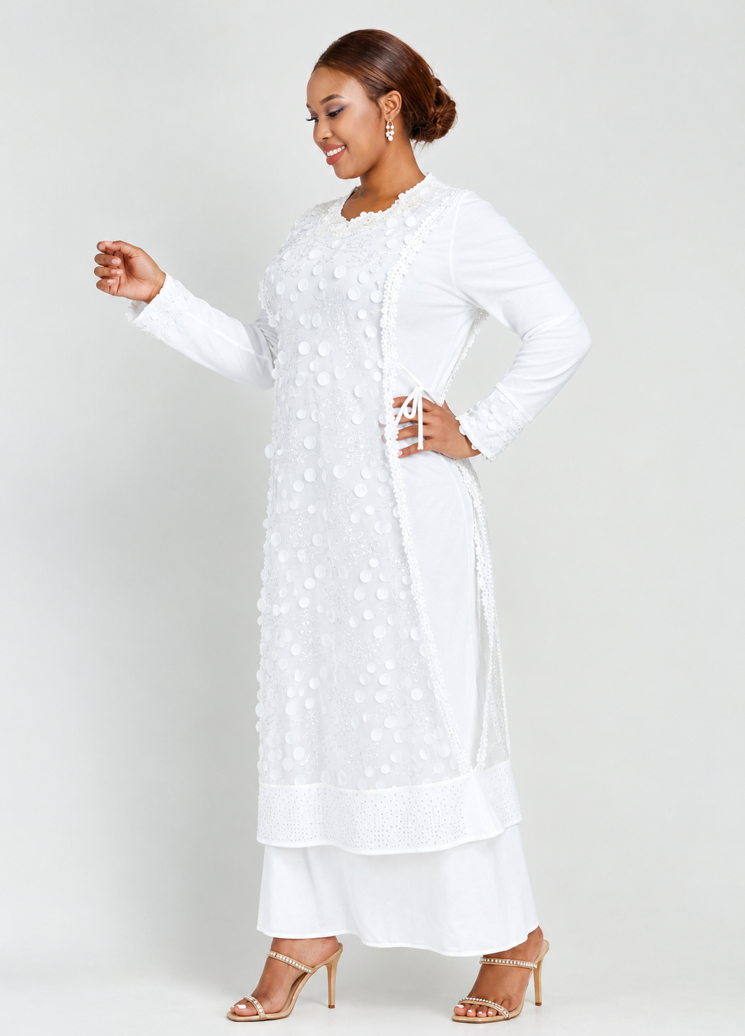 Women's White Layered Maxi Dress with Applique Details & Side Drawstring
