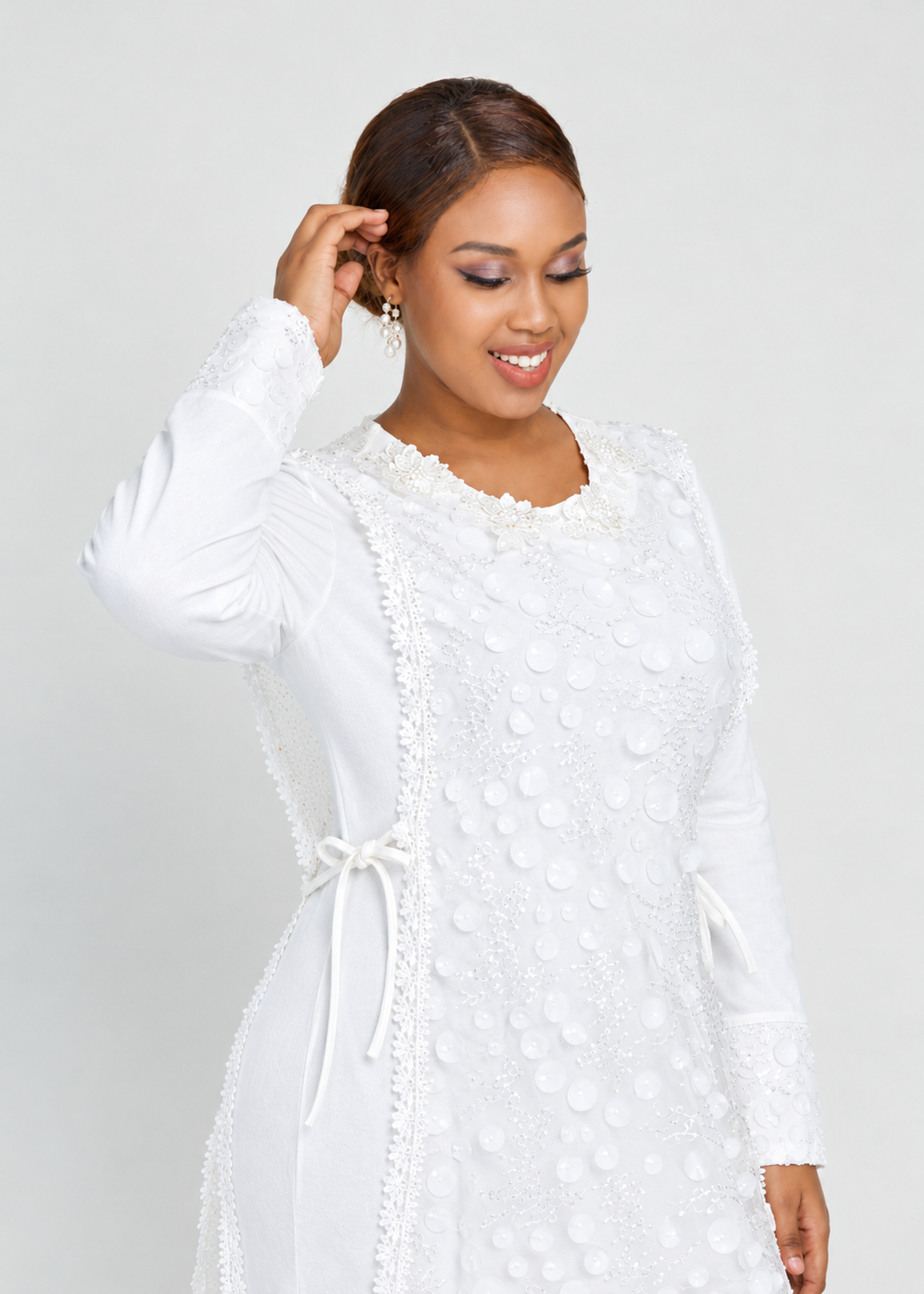 Women's White Layered Maxi Dress with Applique Details & Side Drawstring